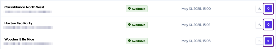 An image of three companies on the Spend Insights tab. A lightbulb icon is visible and highlighted next to aevery company entry.